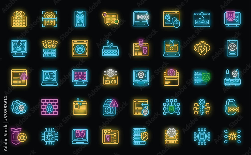 Poster hacker attack icons set outline vector. fraud attack. criminal cyber neon color on black
