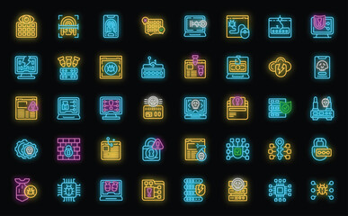 Hacker attack icons set outline vector. Fraud attack. Criminal cyber neon color on black