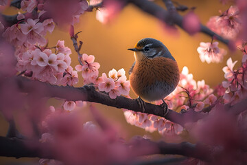 Fototapeta premium a little small bird on a beautiful cherry blossom tree branch