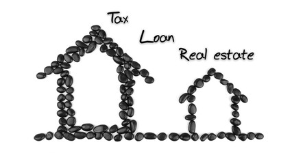 Real Estate. House shaped used black pebble as real estate concept