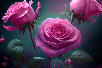 Fototapeta na wymiar bushy beautiful pale pink rose with dew drops on a light blue background. Generative Ai