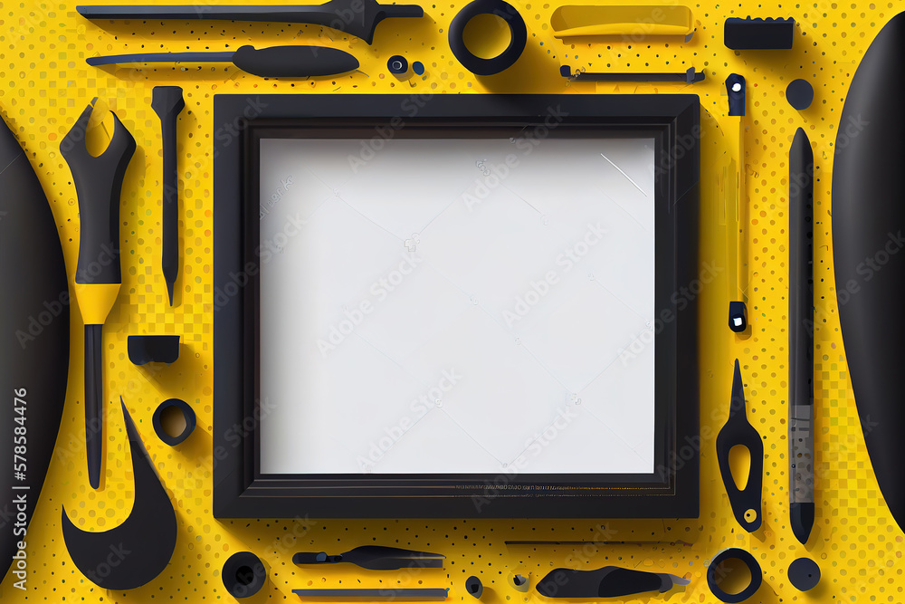 Poster border frame of black-yellow color tools set as background with blank copy space for your text. gene