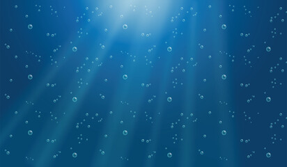 Underwater background with water bubbles and undersea light rays shine