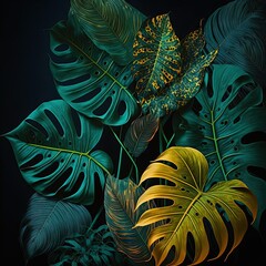 Beautiful colorful tropical leaves on dark background. Abstract background or wallpaper Generative AI.