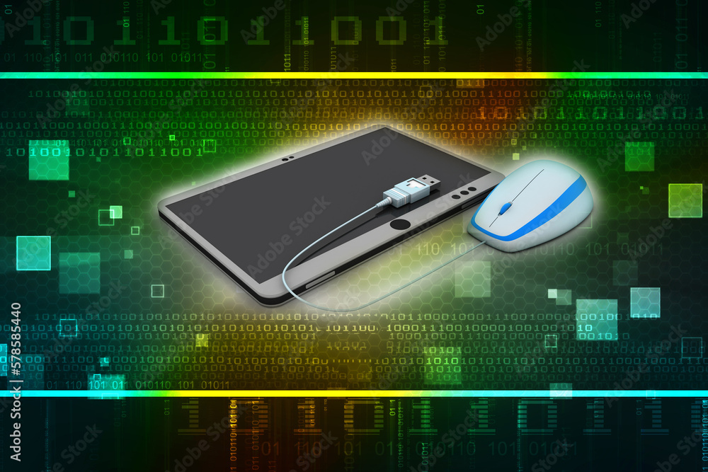 Poster 3d rendering mobile phone connected mouse