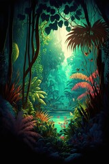 Naklejka premium Beautiful colorful tropical leaves on dark background. Abstract background or wallpaper Generative AI.