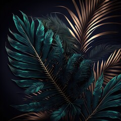 Beautiful colorful tropical leaves on dark background. Abstract background or wallpaper Generative AI.
