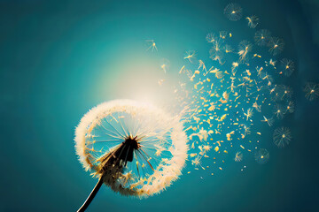 Flying Dandelion seeds in the morning sunlight blowing away in the wind across a blue sky. Generative Ai