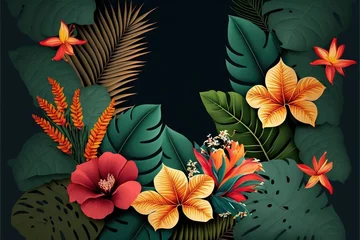 Fotobehang Beautiful colorful tropical leaves on dark background. Abstract background or wallpaper Generative AI. © Matyfiz