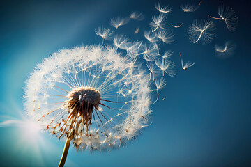 Flying Dandelion seeds in the morning sunlight blowing away in the wind across a blue sky. Generative Ai