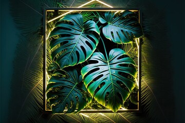 Beautiful colorful tropical leaves with neon frame on dark background. Abstract background or wallpaper Generative AI.