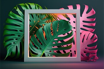 Beautiful colorful tropical leaves with neon frame on dark background. Abstract background or wallpaper Generative AI.