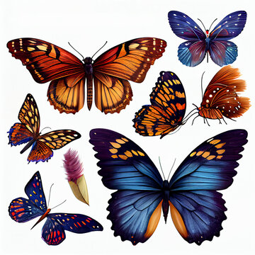 A collection of colorful butterflies isolated on white background. Generative AI