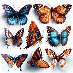 Obraz na płótnie Canvas A collection of colorful butterflies isolated on white background. Generative AI