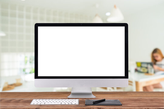 laptop monitor digital pc desk Mockup Blank screen computer desktop with keyboard in cafe & restaurant