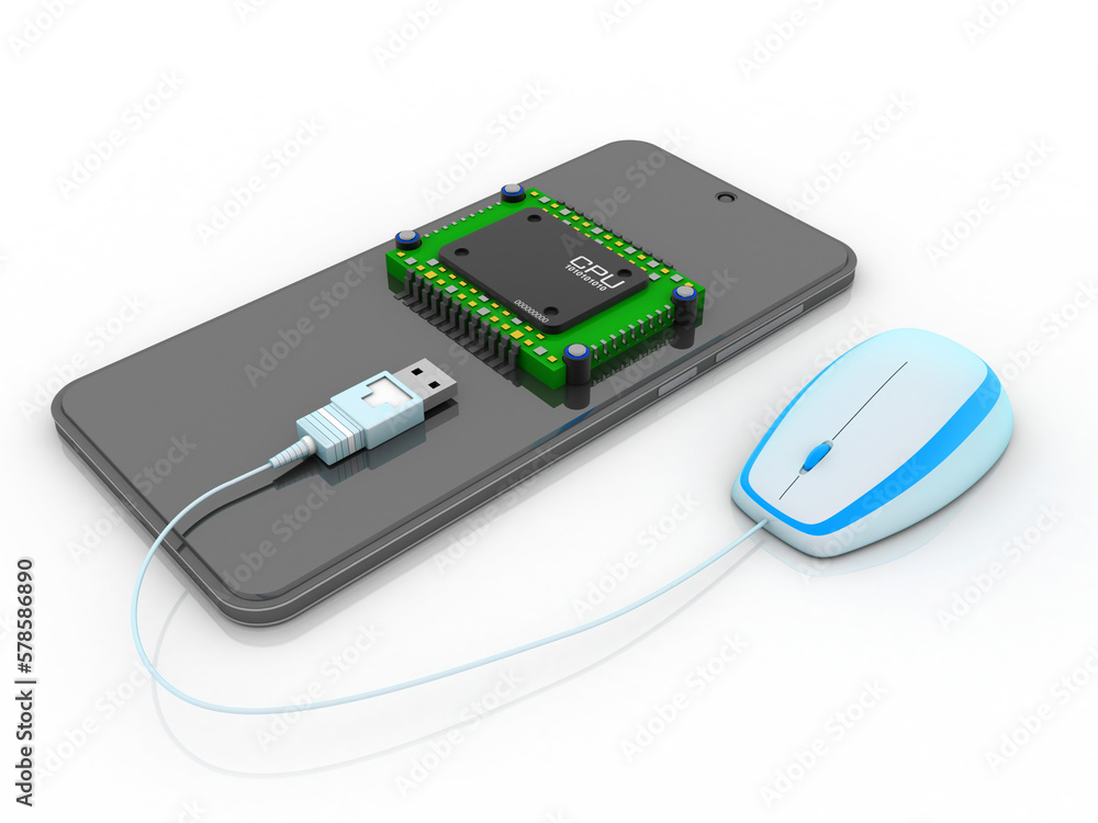 Poster 3d rendering microchips with mobile phone connected mouse