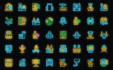Check in airport icons set outline vector. Baggage plane. Airport security neon color on black