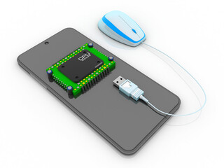 3d rendering microchips with mobile phone connected mouse