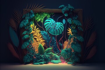 Beautiful colorful tropical leaves on dark background. Abstract background or wallpaper Generative AI.