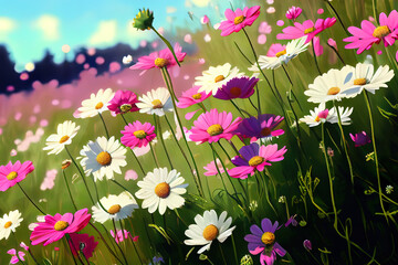 Meadow with lots of white and pink spring daisy flowers in sunny day. Generative Ai