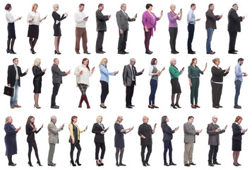 group of people profile holding phone in hand isolated