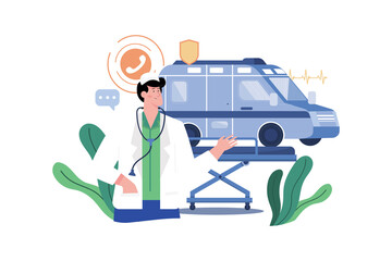 Male paramedic and ambulance van