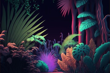 Naklejka premium Beautiful colorful tropical leaves on dark background. Abstract background or wallpaper Generative AI.