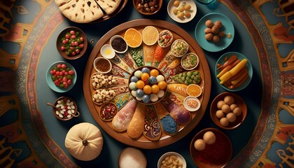 Fototapeta na wymiar top view of Ramadan food on table, Generative AI