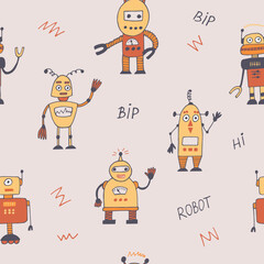 robot seamless pattern hand drawn in doodle style. cartoon character for kids room decor and clothes.