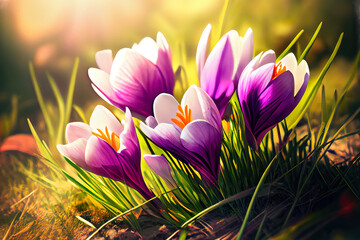 Spring Flowers - Crocus Blossoms On Grass With Sunlight. Generative Ai