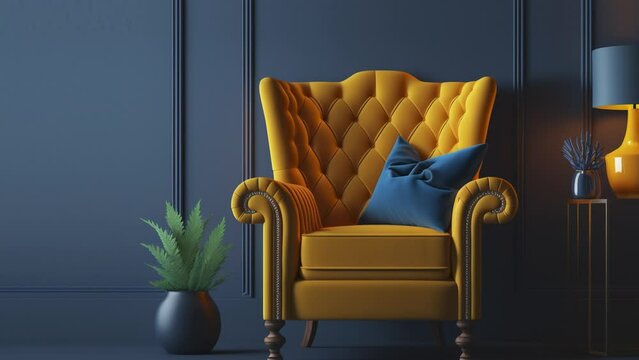 Living room with yellow armchair on empty dark blue wall background