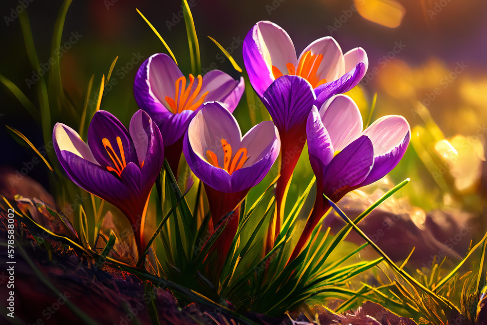 Poster spring flowers - crocus blossoms on grass with sunlight. generative ai