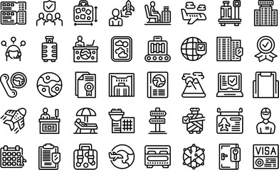 Travel agent icons set outline vector. Abroad journey. Go tourism - obrazy, fototapety, plakaty