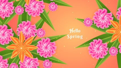 Beautiful spring floral background template. Orange spring landscape wallpaper design