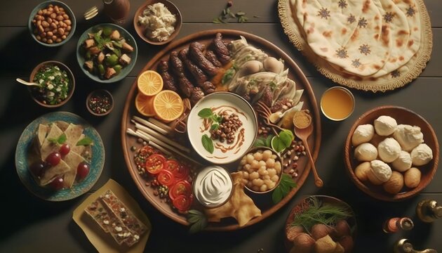 top view of Ramadan food on table, Generative AI