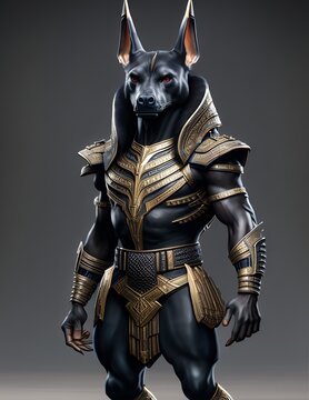 Portrait of a anubis dressed in a black and gold costume, fantasy art, Digital illustration. Generative AI.