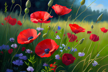 Fototapeta na wymiar summer meadow with red poppies, nice color. Generative Ai