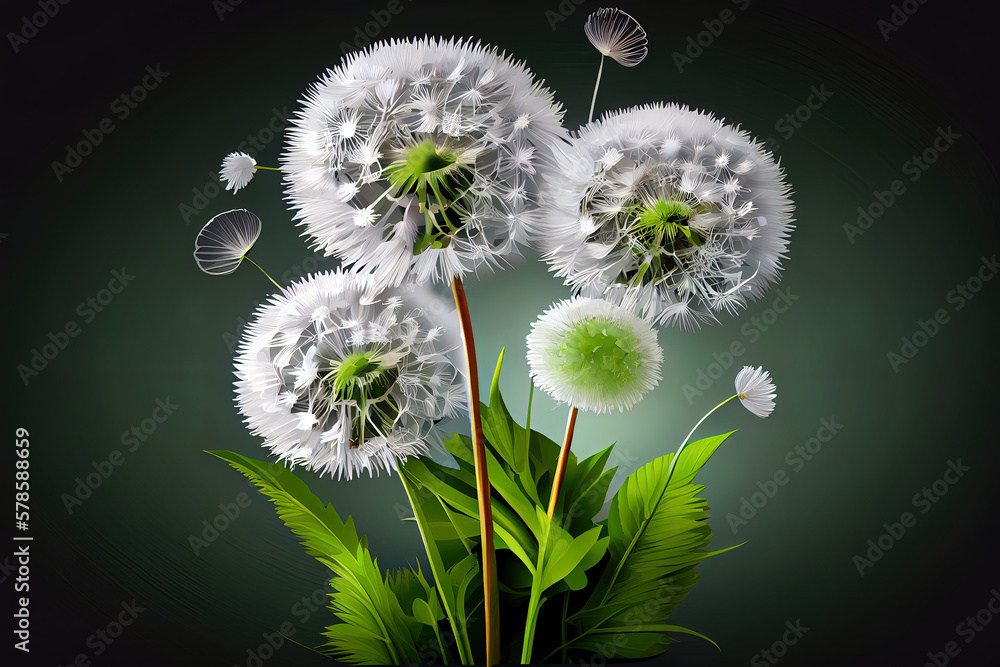 Poster Vector of spring background with white dandelions. Generative Ai