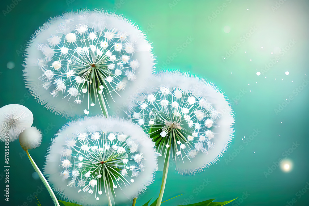 Poster vector of spring background with white dandelions. generative ai