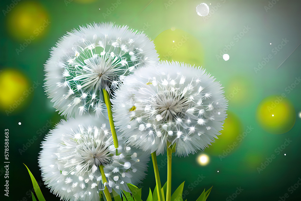 Poster vector of spring background with white dandelions. generative ai
