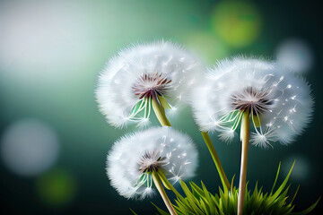 Vector of spring background with white dandelions. Generative Ai