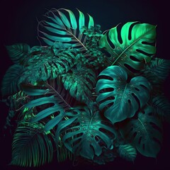 Beautiful colorful tropical leaves on dark background. Abstract background or wallpaper Generative AI.