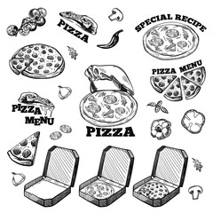 Hand drawn sketch style pizza set. Different types of pizza. Whole and pieces with melted cheese. Best for menu design and packaging. Vector illustrations.