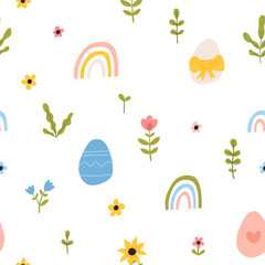 Vector color hand-drawn children cute easter seamless pattern with hens, bunny, easter eggs, flowers in scandinavian style. Easter colorful set. Doodle cartoon spring background. Happy easter.