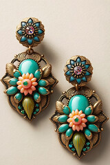 big bronze earrings with turquoise stones in leaf like setting and salmon flowers on it, blue flowers with cut stone on top