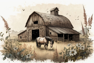 illustration of an old american style barn with an old horse on a fenced pasture, flowers in the foreground