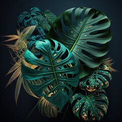 Beautiful colorful tropical leaves on dark background. Abstract background or wallpaper Generative AI.