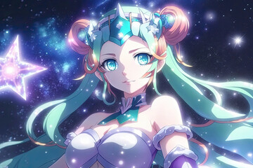 animie of a young star princess with blue crown and pink hair tied into two duns, in the background a shining starry sky