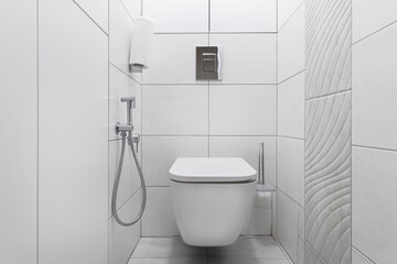 Modern white toilet with toilet and hygienic shower - obrazy, fototapety, plakaty