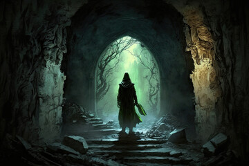assassin with long green coat stands in front of a round tapered passage leading into a forest, old weathered stone steps in foreground